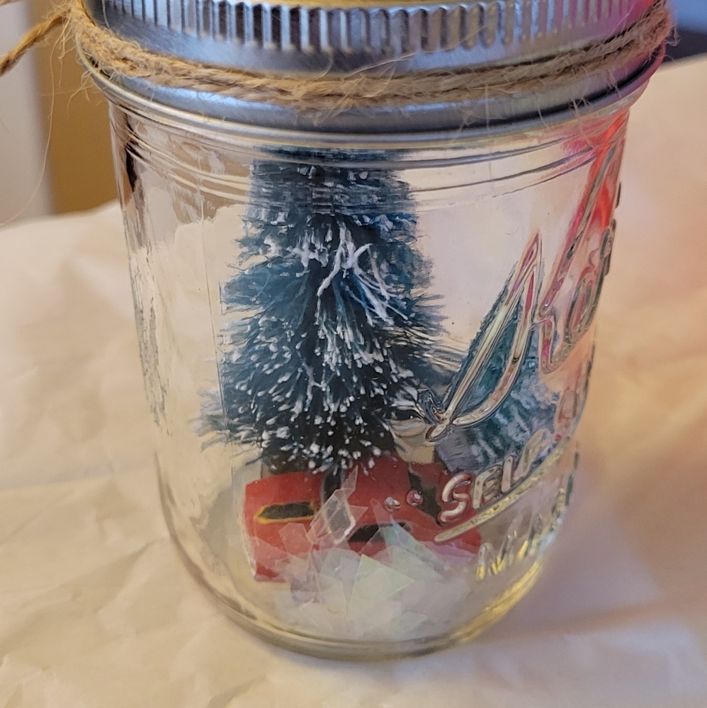 Farmhouse Red Truck w/Tree Snow Scene Snowglobe Style Jar